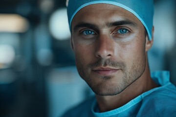 Confident Male Surgeon Portrait in Blue Scrubs in Operating Room - Professional Medical Healthcare Doctor Focused on Patient Care and Teamwork for Ethical and Safe Surgical Procedures