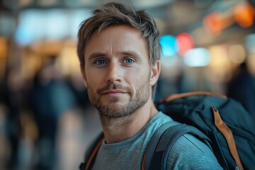Young Handsome Man with Backpack Enjoying Adventure Travel at Airport - Urban Lifestyle Portrait