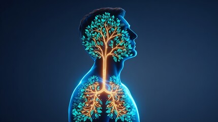 33 year old male enjoying aromatherapy inhalation with a cyanotype outline showing a glowing depiction of decreased respiratory inflammation in the bronchi