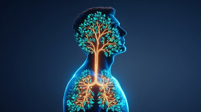 33 year old male enjoying aromatherapy inhalation with a cyanotype outline showing a glowing depiction of decreased respiratory inflammation in the bronchi