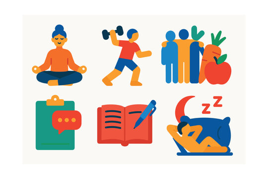 Flat vector icons of coping strategies: meditation, exercise, social support, healthy eating, therapy, journaling, relaxation techniques, sleep hygiene.