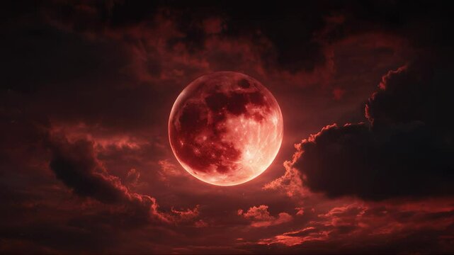 Deep red moon glows ominously through swirling dark clouds during lunar eclipse. Mysterious bloody moon, cosmic awe and eerie beauty. Strange supernatural and occult moonlight
