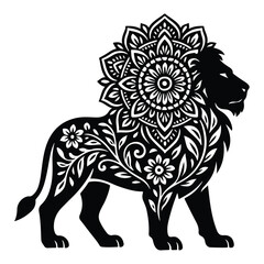Majestic Lion Silhouette with Mandala Mane and Floral Body Pattern