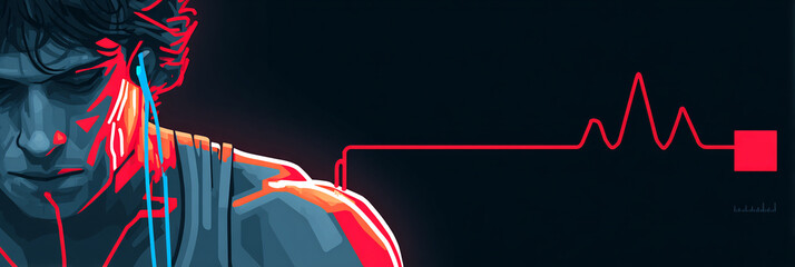 33 year old male rock climber receiving electrical muscle stimulation therapy on the right biceps with a vector flat infographic showing a glowing depiction of enhanced muscle activation