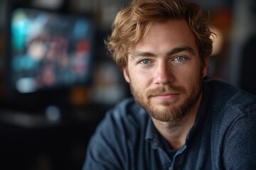 Smiling Young Male in Contemporary Home Office. Capturing Authenticity in a Modern Casual Portrait