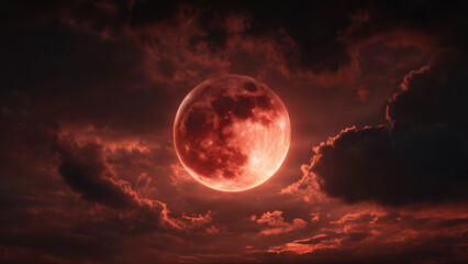 Deep red moon glows ominously through swirling dark clouds during lunar eclipse. Mysterious bloody moon, cosmic awe and eerie beauty. Strange supernatural and occult moonlight