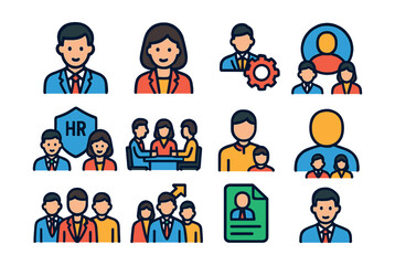 Flat vector line icons of businessman and businesswoman: professional man, professional woman, team collaboration, HR department, meeting discussion, employee profile, teamwork, working group, career