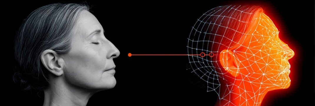 33 year old woman post malar implant with a crosshatch etched diagram showing glowing depiction of augmented cheek projection