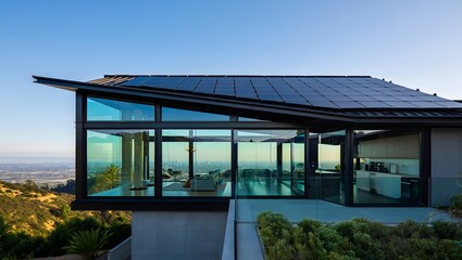 Fototapeta premium Modern Glass House in Hollywood Hills, Los Angeles, California – Minimalist Architecture, Smart Home Technology, Solar Panels, Energy-Efficient Design, Sustainable Living, Eco-Friendly Materials, Clea