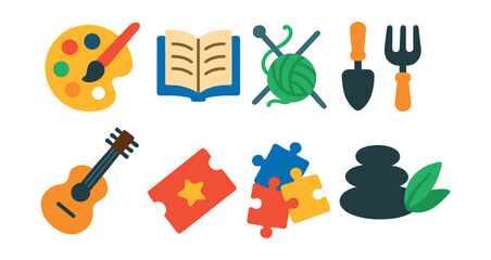 Flat vector icons of hobbies and relaxation: painting palette, book reading, knitting needles, gardening tools, guitar, movie ticket, puzzle pieces, spa stones.