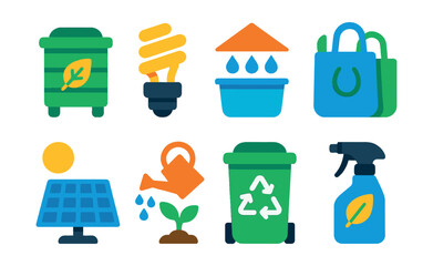 Flat vector icons of sustainable home practices: compost bin, energy-efficient bulb, rainwater collection, reusable bags, solar panel, plant watering, recycling bin, eco cleaning spray.