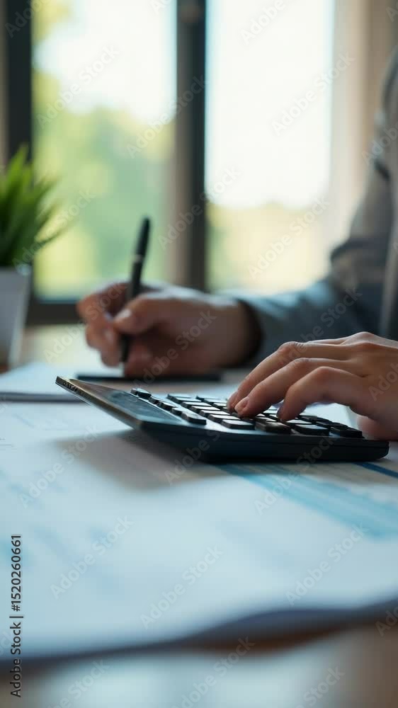 Poster A individual working on a table with a calculating device, possibly for financial or academic purposes