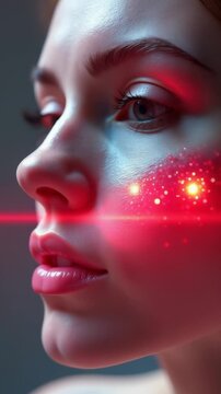 A person with a bright red laser beam directed at their face, ideal for illustrations about technology, science or comedy