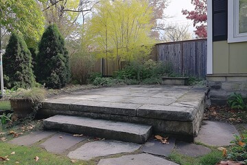 Charming Backyard Patio with Stone Steps and Lush Greenery - Perfect Outdoor Living Space