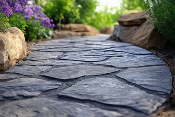 Stone Pathway Among Vibrant Flowers. A Scenic Garden Walkway Design