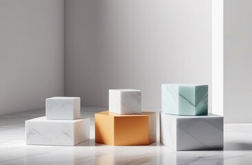 Empty display scene presentation for product placement. Marble square Podium stands. Space for text. Monochrome template. Perfect mock up, showcase a product. Copy space, white background with shadows