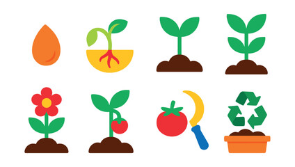 Flat vector icons of plant growth stages: seed, sprout, seedling, mature plant, flowering, fruiting, harvesting, composting.