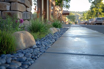 Modern Urban Landscape. Curb Appeal with Eco-Friendly Sidewalk and Rock Garden Design