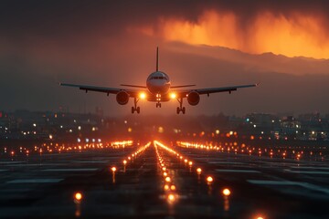 Airplane landing at dusk with glowing lights and dramatic sky near the runway