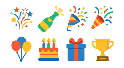 Flat vector icons of celebratory symbols: fireworks, champagne bottle popping, party popper, confetti cannon, balloons bouquet, cake with candles, gift box, trophy.