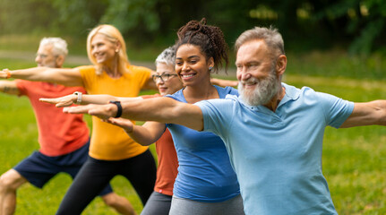 Fototapeta na wymiar Group of diverse seniors led by young instructor practicing warrior yoga pose outdoors, happy elderly people promoting inclusivity and wellness, exercising in lush park setting, closeup shot