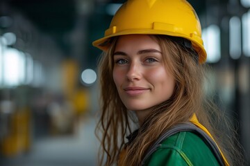 Confident Female Engineer in Safety Helmet Smiling at Industrial Construction Site