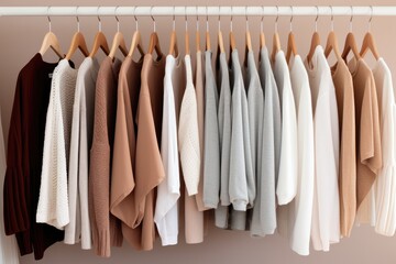Wooden hangers with clothes on the rail in the store with clothing for sale. Flea market, second hand, discount, exchange, donation
