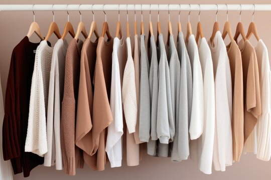 Wooden hangers with clothes on the rail in the store with clothing for sale. Flea market, second hand, discount, exchange, donation