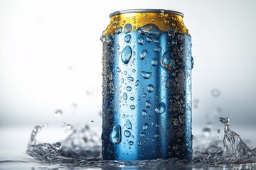 Refreshing Cold Soda Splash. Closeup Macro of Chilled Beverage Can with Ice and Bubbles in Studio Setting