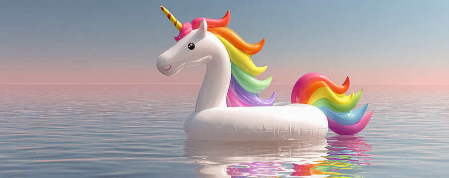White inflatable unicorn with rainbow mane floating on calm sea at pink sunset, Generated with AI