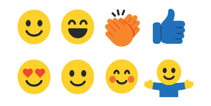 Flat vector icons of joyful expressions: smiling face, laughing eyes, clapping hands, thumbs up, heart eyes, wink, cheerful cheeks, open arms.