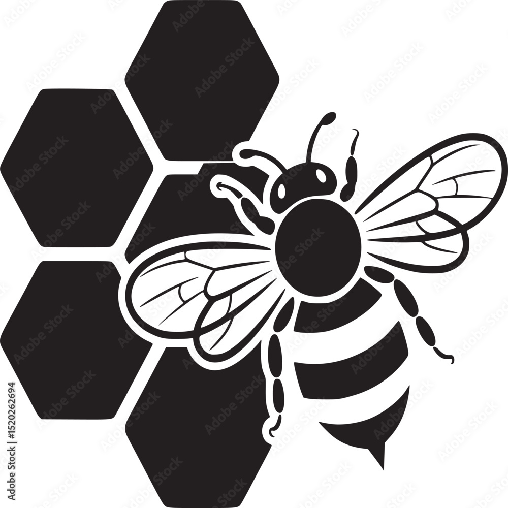 Poster a black and white vector image of a bee next to a honeycomb on a white background in a square format