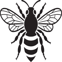 A graphic illustration of a bee with black and white stripes on a white background in a square frame