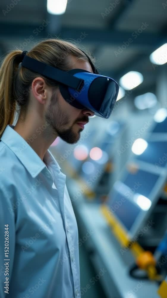 Aufkleber A worker uses a virtual reality headset in a modern factory setting