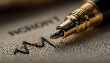 Fototapeta premium Close-up of golden pen writing on textured paper with black and gold ink, Generated with AI