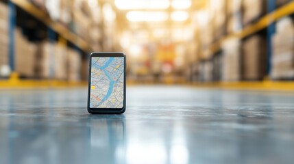 Smartphone displaying map in warehouse showing delivery location accuracy