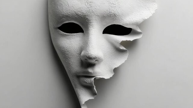 Abstract masks with peeling effect on a white background in grayscale artistic style