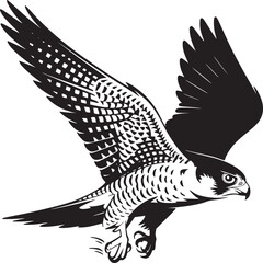 A striking monochrome depiction of a falcon in flight with intricate wing patterns and sharp details