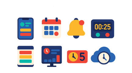 Flat vector icons of deadline tools and apps: productivity app screen, calendar with alert dot, smart reminder bell, digital timer interface, time block planner, online deadline tracker, countdown