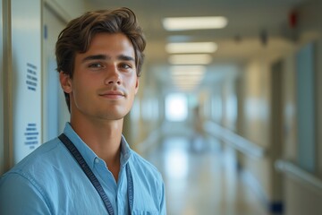Fototapeta premium Confident Young Healthcare Professional in Hospital Hallway. Medical Staff Portrait with Smiling Expression in Modern Educational Setting
