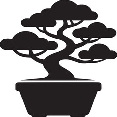 A black silhouette of a bonsai tree in a pot against a white background in a square format image