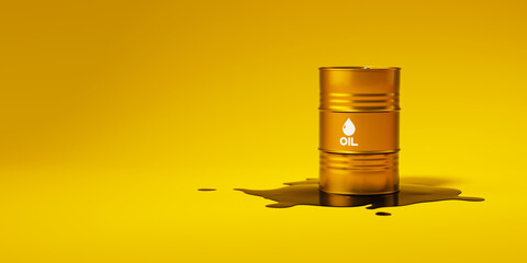 Single gold metal oil barrel stand on spilled puddle of crude oil on yellow background. Black oil pond. Industry concept. 3d render illustration
