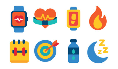 Flat vector icons of fitness tracking: smartwatch, heart rate monitor, step counter, calorie burn, workout log, goal achievement, hydration tracker, sleep analysis.