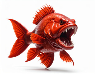 Fototapeta premium Angry red fish mascot in aggressive pose with sharp teeth