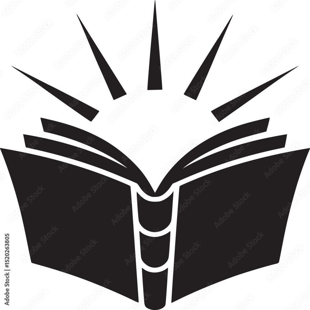 Poster a black and white graphic of an open book with rays emanating from the center on a white background
