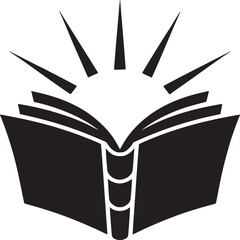 A black and white graphic of an open book with rays emanating from the center on a white background