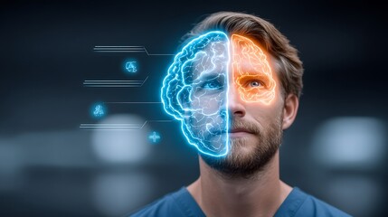 38 year old male neurosurgeon reviewing postoperative images with an MRI slice thermal overlay showing a glowing depiction of resected parietal lobe tumor margins