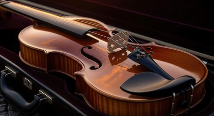 Close-up view of a classical stringed instrument with bow inside its case showcasing polished wood textures black details and warm lighting creating a sense of craftsmanship and artistry
