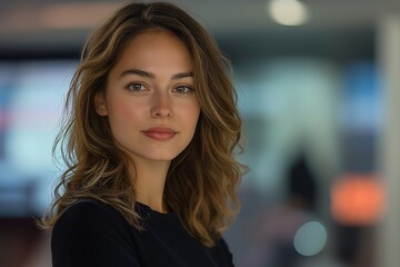 Modern Urban Beauty. Confident Woman in Casual Wear with Natural Hair and Radiant Smile in Studio Portrait
