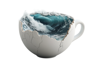 Giant cracked open coffee cup filled with powerful ocean waves in surreal design isolated on transparent background PNG